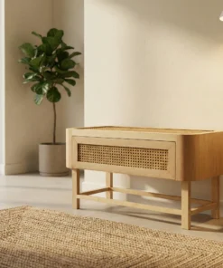 The Oslo Woven-Drawer Stand - Grounded architecture. Breathable textures.