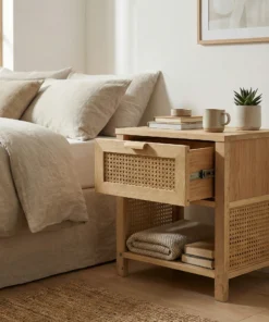 The Cane-Drawer Accent Table - Concealed storage. Textural charm.